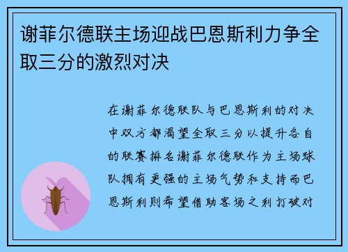 谢菲尔德联主场迎战巴恩斯利力争全取三分的激烈对决